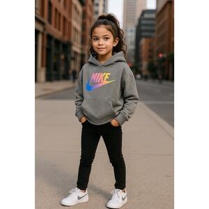 Nike Kids Girls Crop Hoodie Gray Medium Rainbow Gradient Logo CJ6937-10